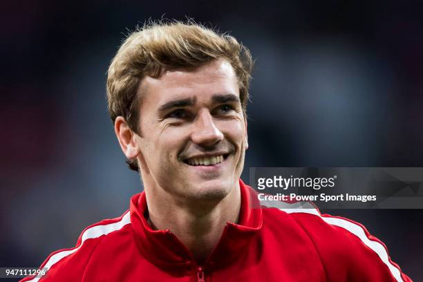 Antoine Griezmann of Atletico de Madrid looks on prior to the UEFA Europa League 2017-18 Round of 16 match between Atletico de Madrid and FC...
