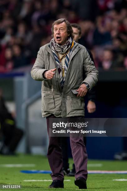 Head coach Yuri Semin of FC Lokomotiv Moscow reacts during the UEFA Europa League 2017-18 Round of 16 match between Atletico de Madrid and FC...