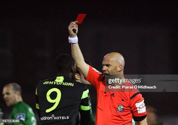 Bray , Ireland - 16 April 2018; Referee Tomas Connolly shows a red card to Dan Carr of Shamrock Rovers during the SSE Airtricity League Premier...