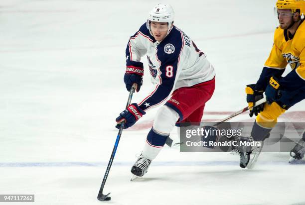 Zach Werenski of the Columbus Blue Jackets skates against the Nashville Predators during an NHL game at Bridgestone Arena on April 7, 2018 in...