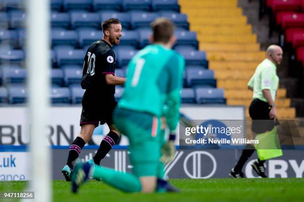 Jordan Lyden of Aston Villa scores during the Premier League 2 match between Blackburn Rovers and Aston Villa at Ewood Park on April 16, 2018 in...