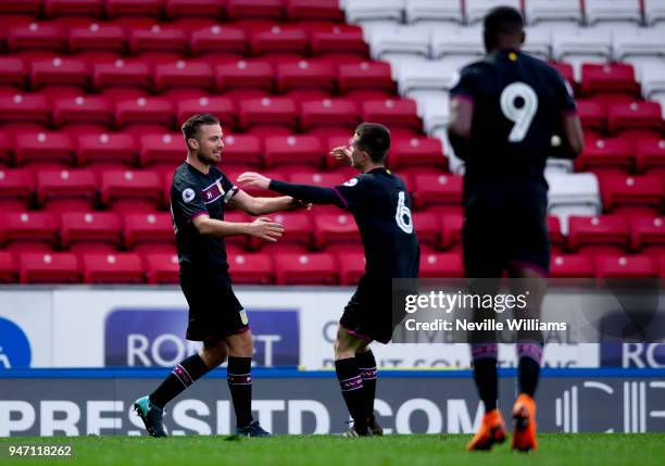 Jordan Lyden of Aston Villa scores during the Premier League 2 match between Blackburn Rovers and Aston Villa at Ewood Park on April 16, 2018 in...