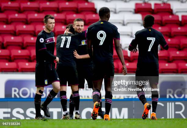 Jordan Lyden of Aston Villa scores during the Premier League 2 match between Blackburn Rovers and Aston Villa at Ewood Park on April 16, 2018 in...