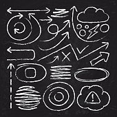 Doodle white arrows and chalk design stroke scribble elements. Sketch circle, line, round borders vector set