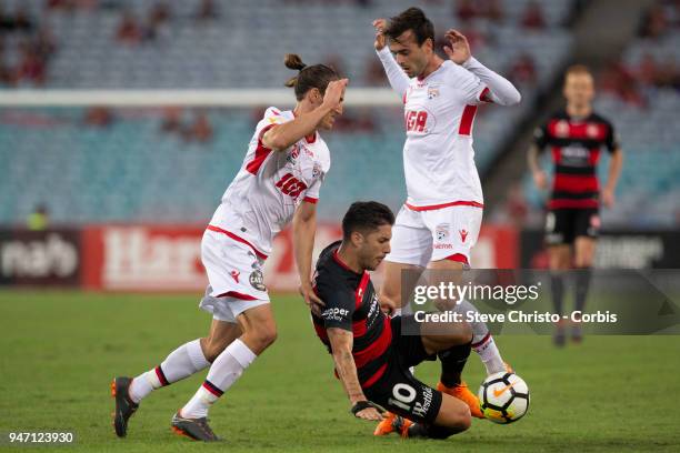 Alvaro Cejudo of the Wanderers dribbles the ball during the round 27 A-League match between the Western Sydney Wanderers and Adelaide United at...