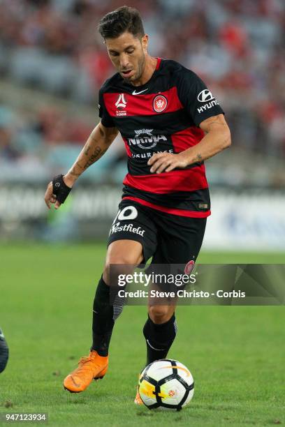 Alvaro Cejudo of the Wanderers dribbles the ball during the round 27 A-League match between the Western Sydney Wanderers and Adelaide United at...