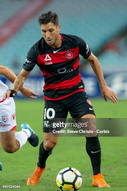 Alvaro Cejudo of the Wanderers dribbles the ball during the round 27 A-League match between the Western Sydney Wanderers and Adelaide United at...