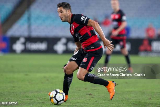 Alvaro Cejudo of the Wanderers dribbles the ball during the round 27 A-League match between the Western Sydney Wanderers and Adelaide United at...