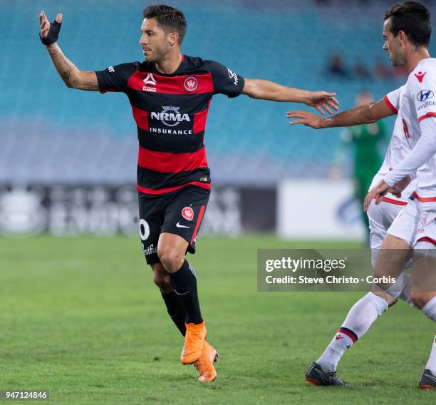 Alvaro Cejudo of the Wanderers reacts during the round 27 A-League match between the Western Sydney Wanderers and Adelaide United at Stadium...