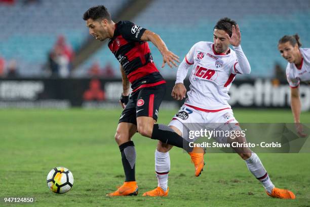 Alvaro Cejudo of the Wanderers dribbles the ball during the round 27 A-League match between the Western Sydney Wanderers and Adelaide United at...