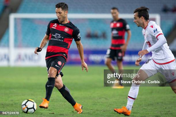 Alvaro Cejudo of the Wanderers dribbles the ball during the round 27 A-League match between the Western Sydney Wanderers and Adelaide United at...