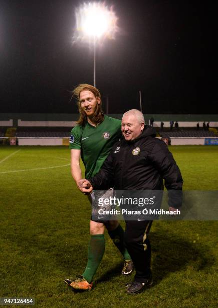 Bray , Ireland - 16 April 2018; Bray Wanderers manager Graham Kelly and Hugh Douglas celebrate after the SSE Airtricity League Premier Division match...