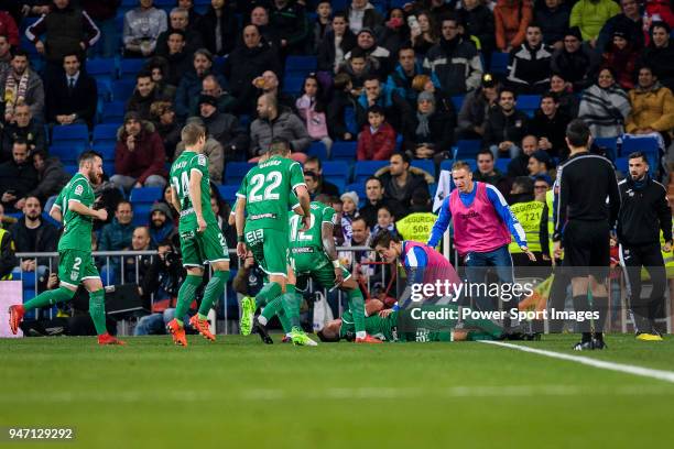 Gabriel Appelt Pires of CD Leganes celebrates his goal with teammates during La Copa del Rey 2017-18 match between Real Madrid vs CD Leganes at...