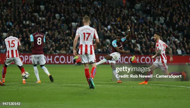 West Ham United's Edimilson Fernandes scores in the second half but the goal was ruled out for offside during the Premier League match between West...