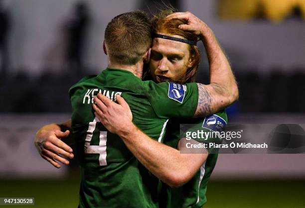 Bray , Ireland - 16 April 2018; Hugh Douglas of Bray Wanderers, behind, celebrates with team-mate Conor Kenna after the SSE Airtricity League Premier...