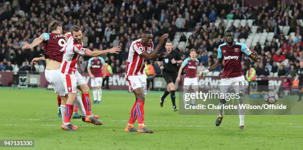 Andy Carroll of West Ham scores the equalising goal during the Premier League match between West Ham United and Stoke City at London Stadium on April...