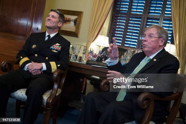 Dr. Ronny Jackson, left, nominee for Secretary of Veterans Affairs, meets with Sen. Johnny Isakson, R-Ga., in Russell Building on April 16, 2018....