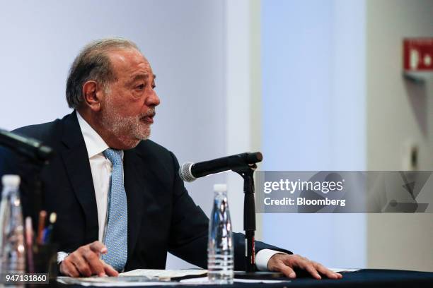 Carlos Slim, chairman emeritus of America Movil SAB, speaks during a press conference in Mexico City, Mexico, on Monday, April 16, 2018. Slim said...