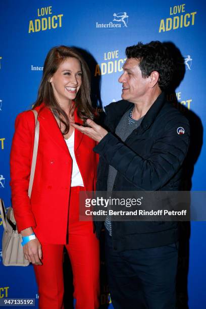 Host Ophelie Meunier and actor of the movie Marc Lavoine attend the "Love Addict" : Premiere at Cinema Gaumont Marignan on April 16, 2018 in Paris,...