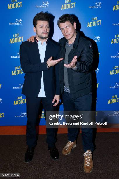 Actors of the movie Kev Adams and Marc Lavoine attend the "Love Addict" : Premiere at Cinema Gaumont Marignan on April 16, 2018 in Paris, France.