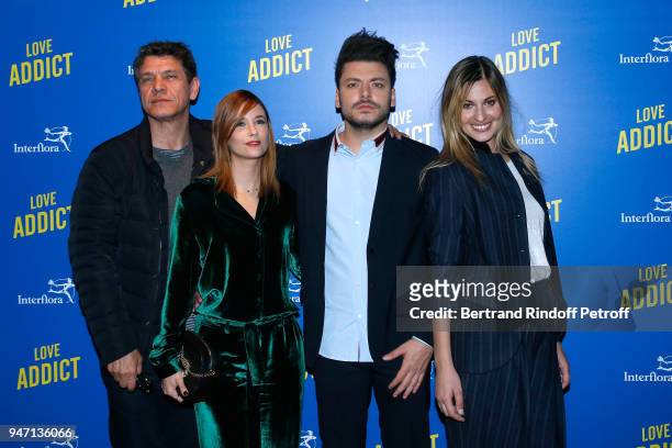 Actors of the movie Marc Lavoine, Melanie Bernier, Kev Adams and Sveva Alviti attend the "Love Addict" : Premiere at Cinema Gaumont Marignan on April...