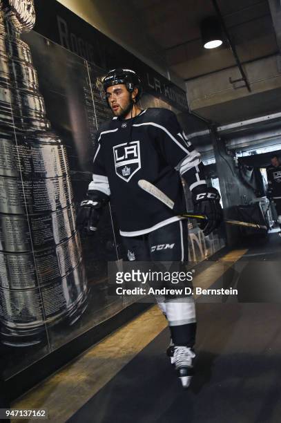 Alex Iafallo of the Los Angeles Kings prepares to take the ice before a game against the Vegas Golden Knights in Game Three of the Western Conference...