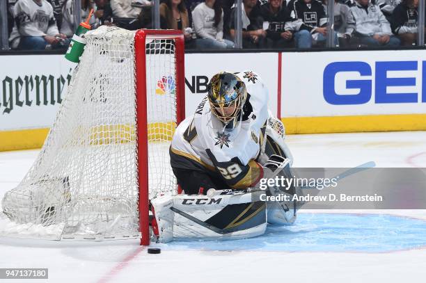 Marc-Andre Fleury of the Vegas Golden Knights makes a save against the Los Angeles Kings in Game Three of the Western Conference First Round during...