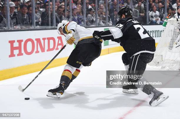 Dustin Brown of the Los Angeles Kings battles for the puck against the Vegas Golden Knights in Game Three of the Western Conference First Round...