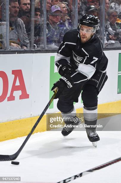 Oscar Fantenberg of the Los Angeles Kings controls the puck against the Vegas Golden Knights in Game Three of the Western Conference First Round...