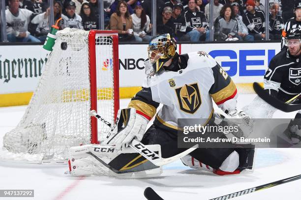 Marc-Andre Fleury of the Vegas Golden Knights makes a save against the Los Angeles Kings in Game Three of the Western Conference First Round during...