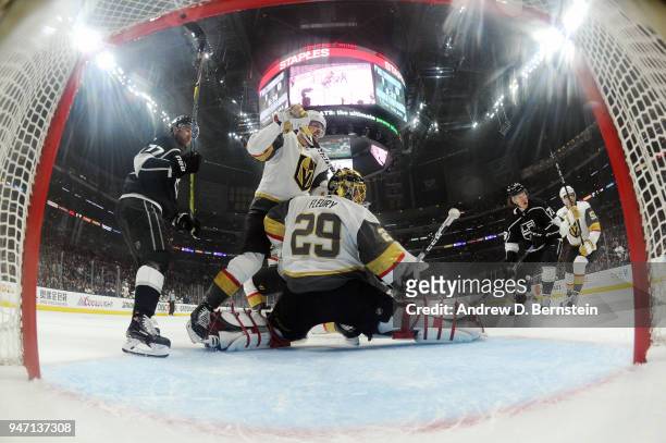 Marc-Andre Fleury of the Vegas Golden Knights makes a save against the Los Angeles Kings in Game Three of the Western Conference First Round during...