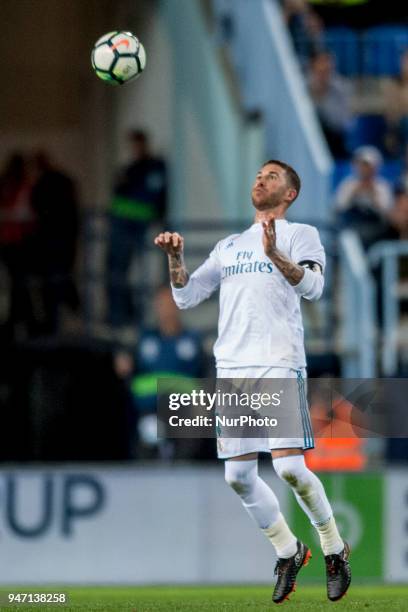 Sergio Ramos controls the ball during the match between Malaga CF against Real Madrid, week 32 of La Liga 2017/18 in Rosaleda stadium, Malaga, SPAIN...