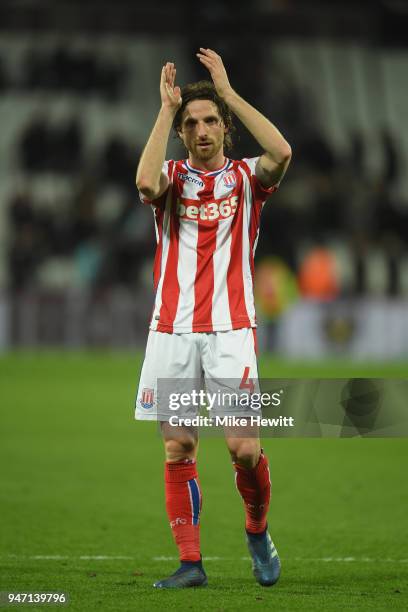 Joe Allen of Stoke City acknowledges the fans after the Premier League match between West Ham United and Stoke City at London Stadium on April 16,...