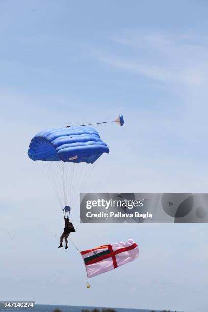 Elite Indian special forces commandos parachuting down to the demonstration area. Indian armed forces air force, army and navy gave a joint live...