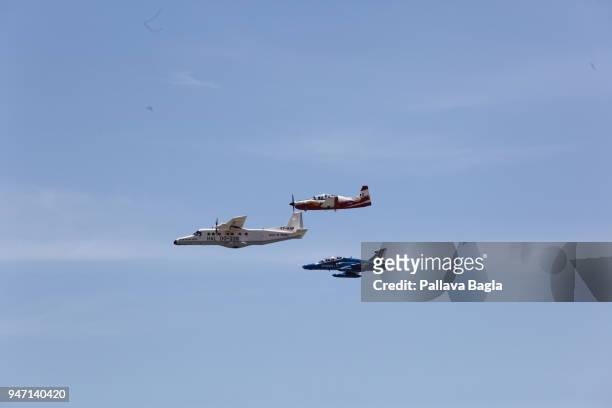 Indian Air Force planes fly in formation as part of the live demonstration. Indian armed forces air force, army and navy gave a joint live...