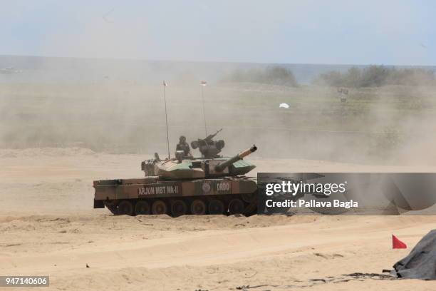 First action look of the Main Battle Tank ARJUN Mark II showing its prowes on the beach. This is a made in India tank. Indian armed forces air force,...