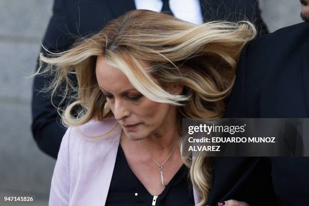 Adult-film actress Stephanie Clifford, also known as Stormy Daniels exits the US Federal Court on April 16 in Lower Manhattan, New York. President...