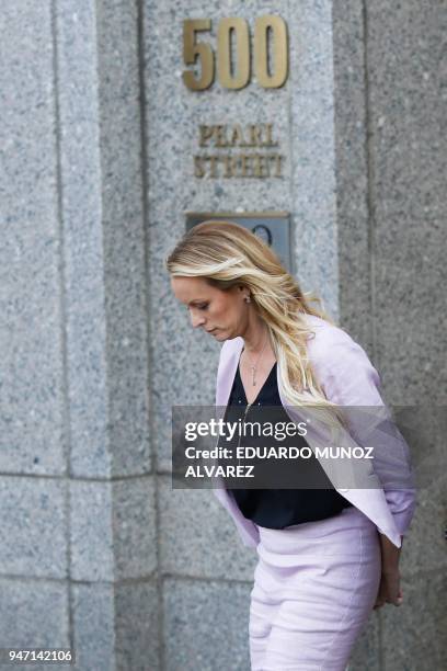 Adult-film actress Stephanie Clifford, also known as Stormy Daniels exits the US Federal Court on April 16 in Lower Manhattan, New York. President...