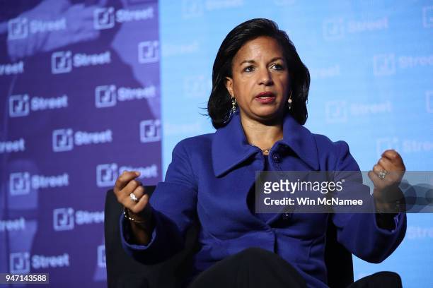 Former National Security Advisor Susan Rice speaks at the J Street 2018 National Conference April 16, 2018 in Washington, DC. Rice spoke on the topic...