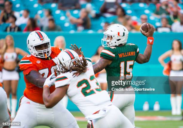 University of Miami Hurricanes Quarterback Jarren Williams throws the ball during the University of Miami Hurricanes Spring Game on April 14, 2018 at...