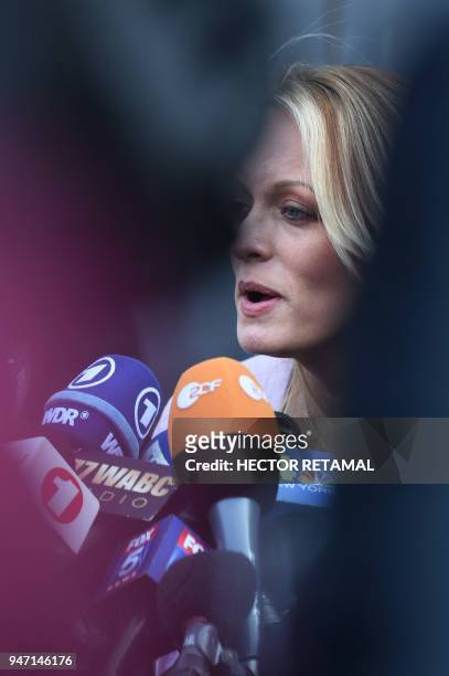 Adult-film actress Stephanie Clifford, also known as Stormy Daniels speaks to the media outside US Federal Court on April 16 in Lower Manhattan, New...