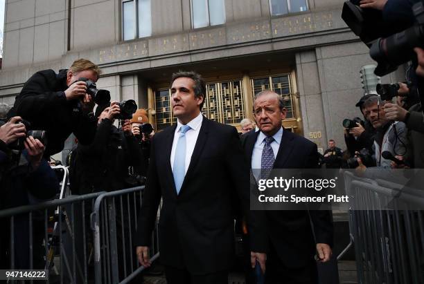President Donald Trump's long-time personal attorney Michael Cohen exits a New York court on April 16, 2018 in New York City. Trump's lawyers on...