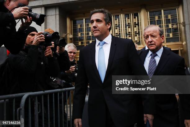 President Donald Trump's long-time personal attorney Michael Cohen exits a New York court on April 16, 2018 in New York City. Trump's lawyers on...
