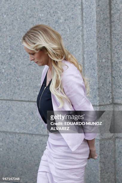 Adult-film actress Stephanie Clifford, also known as Stormy Daniels exits the US Federal Court on April 16 in Lower Manhattan, New York. President...