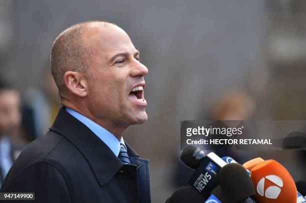 Attorney for Stormy Daniels, Michael Avenatti, speaks to the media outside US Federal Court on April 16 in Lower Manhattan, New York. President...