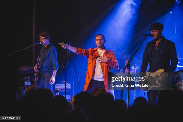 Guitarist Alex Robertshaw, singer Jonathan Higgs and bass player Jeremy Pritchard of the English band Everything Everything performs live on stage...