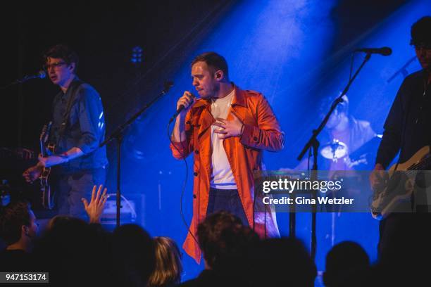 Singer Jonathan Higgs of the English band Everything Everything performs live on stage during a concert at the "LOCATION" on April 16, 2018 in...