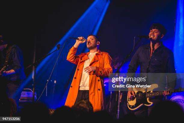 Singer Jonathan Higgs and bass player Jeremy Pritchard of the English band Everything Everything performs live on stage during a concert at the...