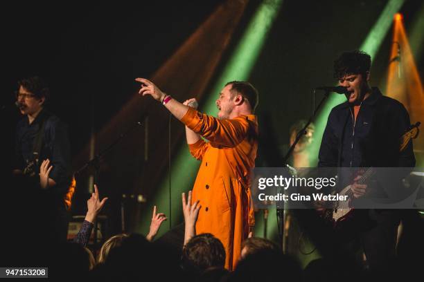 Guitarist Alex Robertshaw, singer Jonathan Higgs and bass player Jeremy Pritchard of the English band Everything Everything performs live on stage...