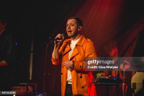 Singer Jonathan Higgs of the English band Everything Everything performs live on stage during a concert at the "LOCATION" on April 16, 2018 in...